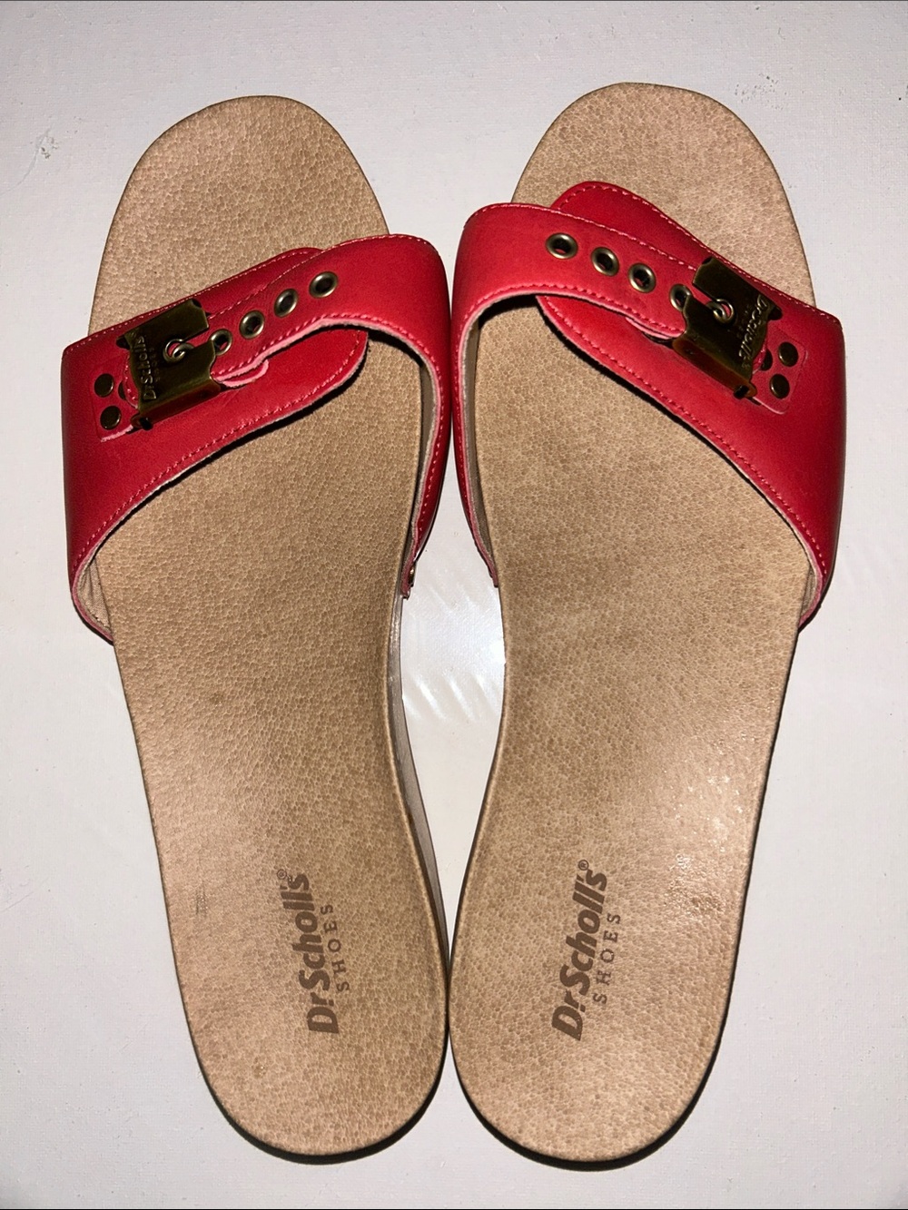 NWOB Dr. Scholl's Red Slide Sandals with Gold Buckle